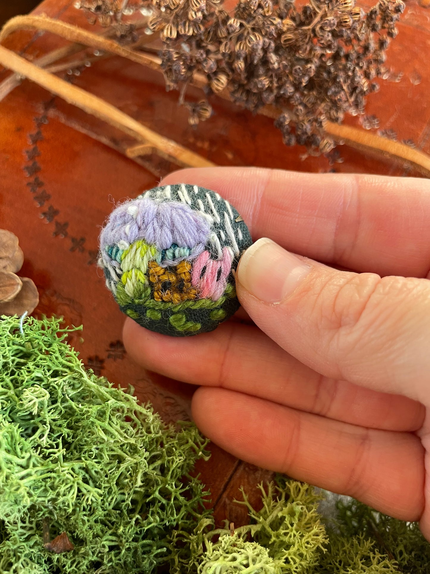 Forest spirits sheltering in the rain mini brooch