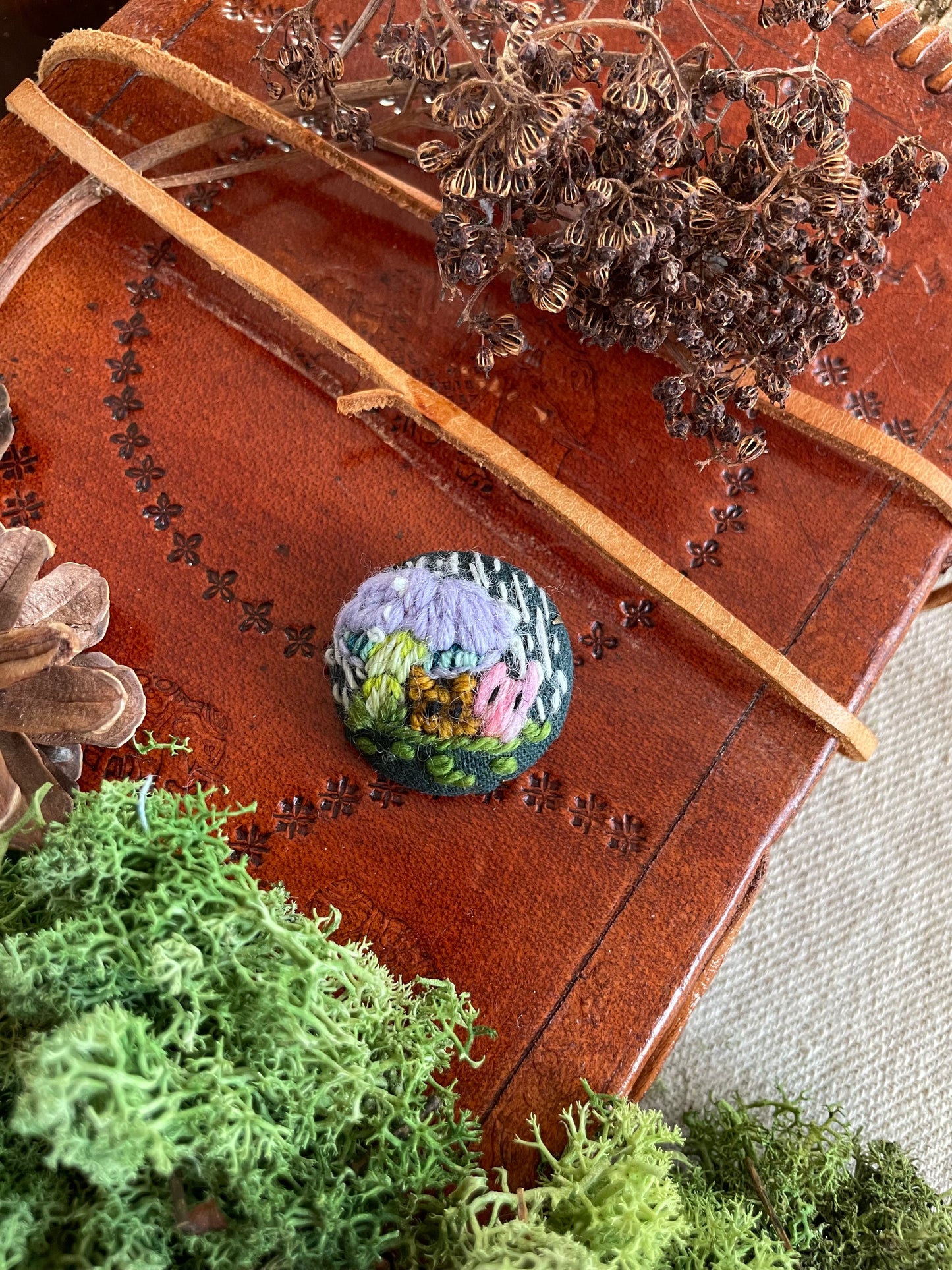 Forest spirits sheltering in the rain mini brooch