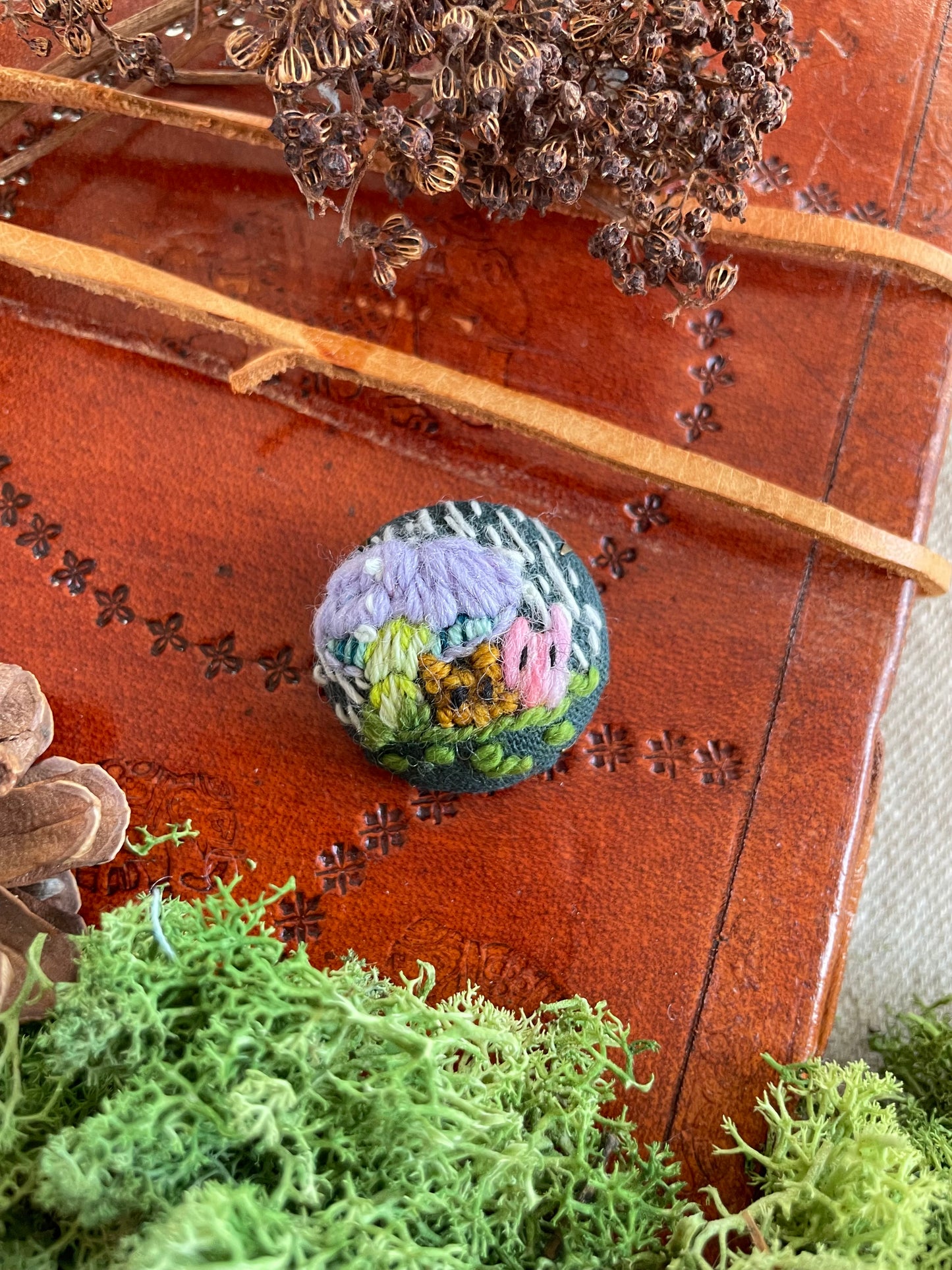 Forest spirits sheltering in the rain mini brooch