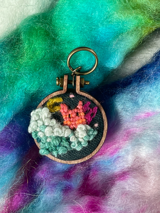 Embroidered stitch marker with clouds, moon and two kitten shaped demons
on a fluffy fleece background