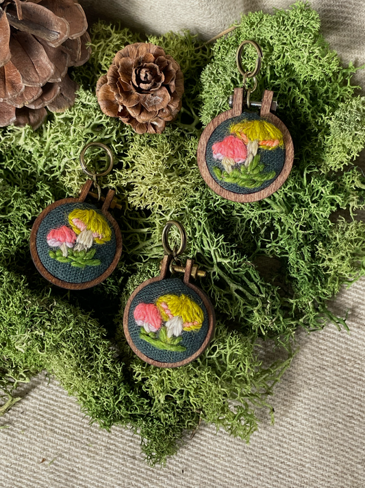 Embroidered stitch marker with mushroom designs on a bed of green moss.